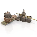 Household Wicker Baskets In Various Sizes With Stacked Design And Bamboo Poles