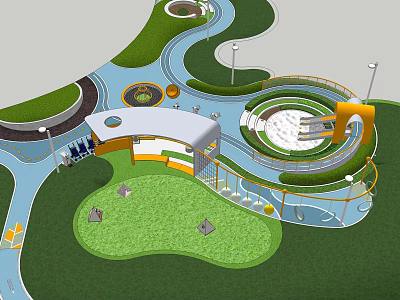 Children's Play Area With Green Lawn Circular Paths Yellow Slide And Play Structures 3d model