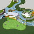 Children's Play Area With Green Lawn Circular Paths Yellow Slide And Play Structures