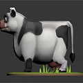 Cute 3D Cartoon Black And White Cow Standing On Green Grass Field