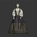 Vintage Women's Dress With White Puffed Sleeves And Dark Lace Pattern Skirt