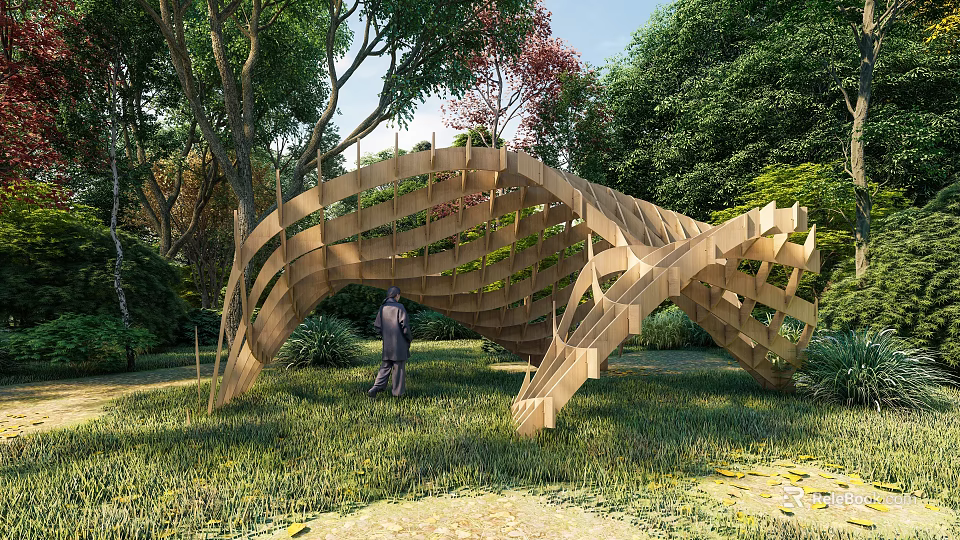 Curved Wooden Pergola Structure in Natural Garden with Trees Grass and Person 3d model 