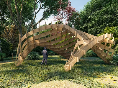 Curved Wooden Pergola Structure in Natural Garden with Trees Grass and Person 3d model