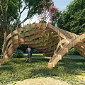 Curved Wooden Pergola Structure in Natural Garden with Trees Grass and Person