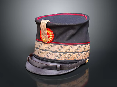 Vintage Black Military Hat With Red Trim Gold Embroidery And Leather Strap Design 3d model