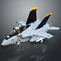 Two Seat Fighter Jet With Cockpit Tail Fins Yellow Tips And Missiles On Gray Background 3d model