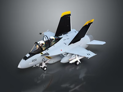 Two Seat Fighter Jet With Cockpit Tail Fins Yellow Tips And Missiles On Gray Background 3d model