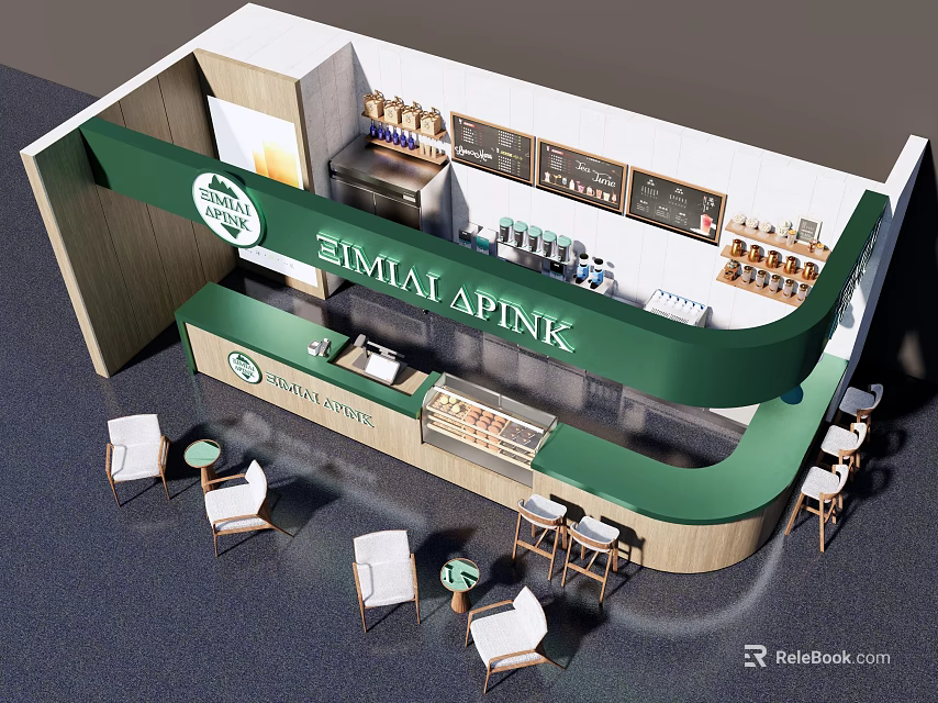 Milk Tea Shop Interior Design With Green Counter Tables Chairs Drinks Display And Menu Board 3d model 