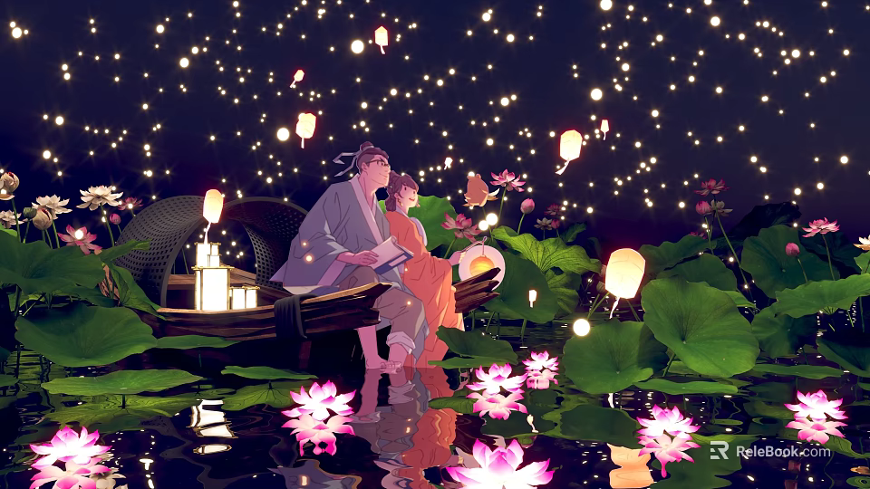 Cartoon Scene of Two People Sitting on Boat With Lotus Flowers Lanterns and Starry Lights 3d model 