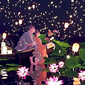 Cartoon Scene of Two People Sitting on Boat With Lotus Flowers Lanterns and Starry Lights