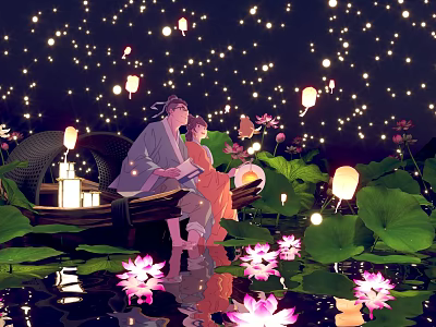Cartoon Scene of Two People Sitting on Boat With Lotus Flowers Lanterns and Starry Lights 3d model