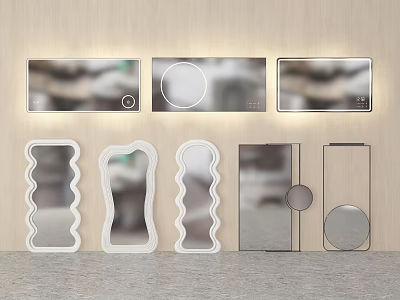 Various Shaped Mirrors Displayed On Light Wooden Wall With Gray Floor Setting 3d model