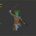 Game Film Character With Feathered Headdress Tattoos And Large Machete Running With Flying Debris