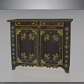 Vintage Decorative Painted Cabinet With Two Doors Drawers And Colorful Floral Motifs