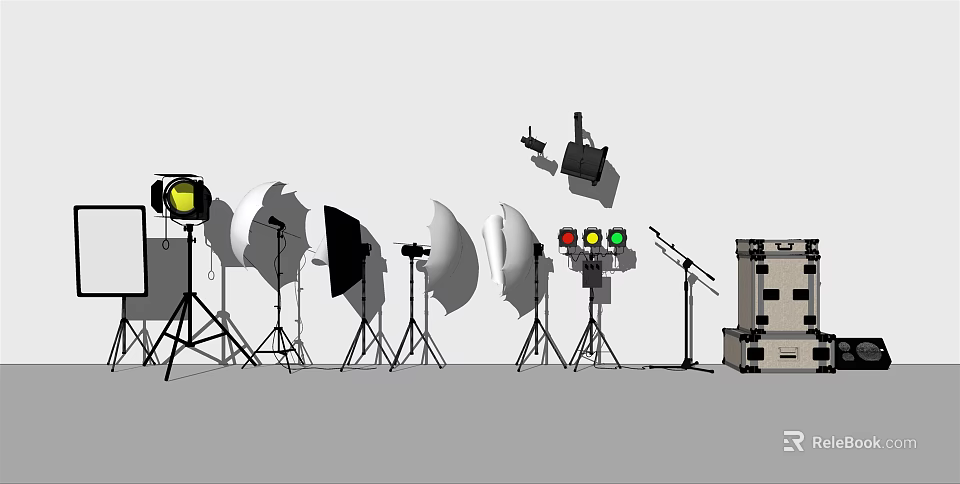Professional Film Studio Equipment Setup With Lighting Reflectors Tripods Microphone Stands And Cases 3d model 