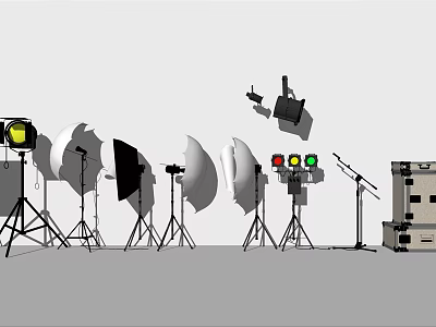 Professional Film Studio Equipment Setup With Lighting Reflectors Tripods Microphone Stands And Cases 3d model