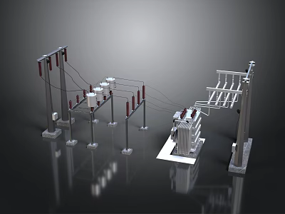 Electrical Substation Setup With Transformer Power Poles Insulators and Wires 3d model