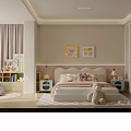 Cheerful Kids Room Interior With Wall Art Stuffed Toys Bookshelf Nightstands And Curtains
