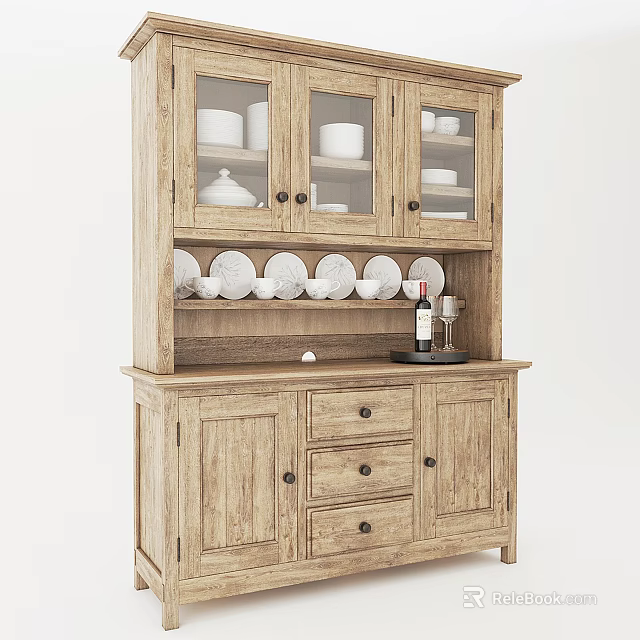 Wooden Display Cabinet With Glass Doors And White Dishes On Shelves 3d model 