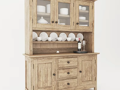 Wooden Display Cabinet With Glass Doors And White Dishes On Shelves 3d model