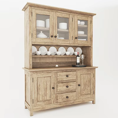 Wooden Display Cabinet With Glass Doors And White Dishes On Shelves 3d model