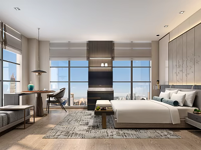 Modern Hotel Guest Room Interior With Large Windows City View Comfortable Bed And Wooden Table 3d model