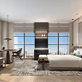 Modern Hotel Guest Room Interior With Large Windows City View Comfortable Bed And Wooden Table