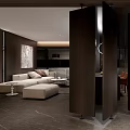 Modern Living and Dining Room Interior With Black Table Orange Chairs And Pendant Light