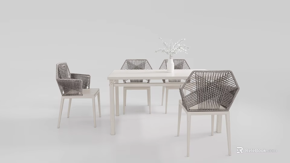 Modern Dining Table Set with Woven Chairs White Tabletop and Decorative Vase 3d model
