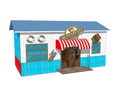 Wooden House With Blue Roof Blue White Exterior Red Striped Awning Bread Sign And Steps 3d model