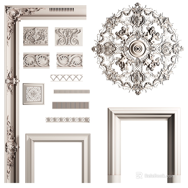 Intricate Carved Decorations with Various Ornate Detailed Patterns and Framed Designs 3d model 