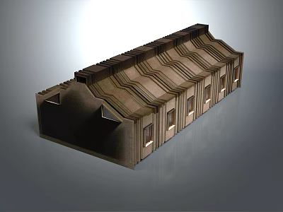 Cartoon Scene 3D Model Building With Brown Small Houses Multiple Windows And Wavy Roofs 3d model