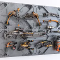 Futuristic Weapons Display Board With Firearms Bows And Orange Black Components