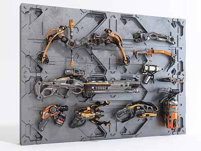 Futuristic Weapons Display Board With Firearms Bows And Orange Black Components 3d model