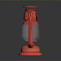 Vintage Red Kerosene Lamp With Metal Frame And Silver Center Design