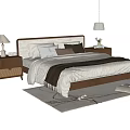 Modern Double Bed with Brown Headboard Pillows Throw Blanket Nightstand Table Lamp Flowers on Rug 3d model