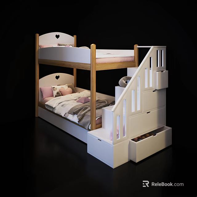Wooden Bunk Bed With Heart Shaped Headboards Pink Bedding And Storage Stairs 3d model 
