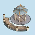 Traditional Chinese Style Pavilion With Tiered Roof Stone Pillars Ornate Railing And Flower Pots