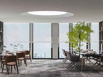 Modern Lounge Area Interior Design With Large Windows City View Tables Chairs And Green Plant 3d model