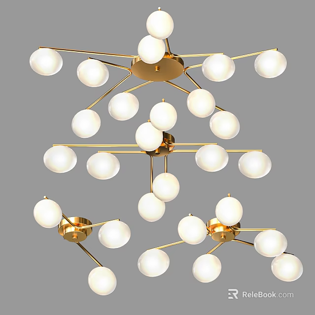 Modern Multi Tiered Chandelier With Golden Frame And White Spherical Bulbs 3d model 