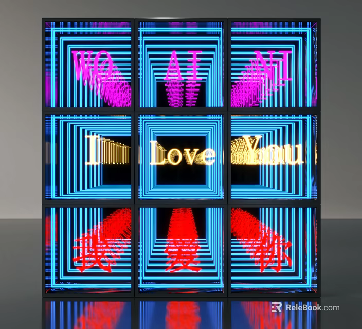 Colorful Decorative Lights With Love You Text Blue Pink Red Glow And Geometric Panels 3d model 