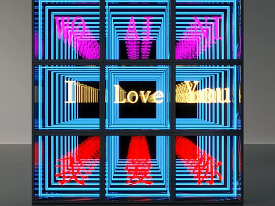 Colorful Decorative Lights With Love You Text Blue Pink Red Glow And Geometric Panels 3d model