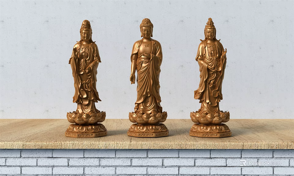 Golden Buddha Sculptures With Lotus Bases On Stone Platform And Brick Wall Background 3d model 