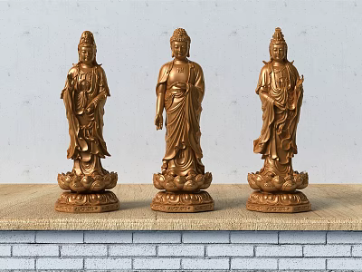 Golden Buddha Sculptures With Lotus Bases On Stone Platform And Brick Wall Background 3d model