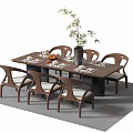 Modern Rectangular Wooden Dining Table Set With Matching Chairs Place Settings And Plant Decor 3d model