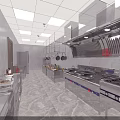 Modern Commercial Kitchen With Stainless Steel Countertops Hanging Pots Cabinets And Oven