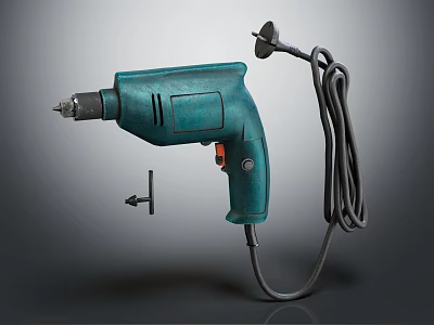 Green Electric Drill With Power Cord And Drill Bit On Gray Background 3d model