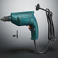 Green Electric Drill With Power Cord And Drill Bit On Gray Background 3d model