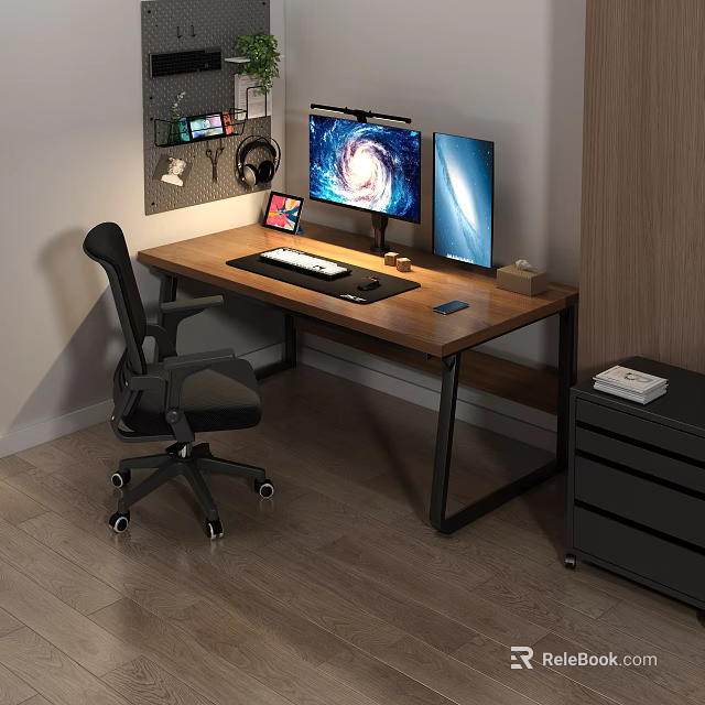 Wooden Office Desk With Dual Monitors Tablet Keyboard Mouse Pad Smartphone And Ergonomic Chair 3d model 