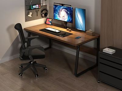 Wooden Office Desk With Dual Monitors Tablet Keyboard Mouse Pad Smartphone And Ergonomic Chair 3d model